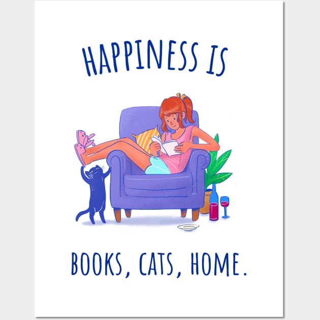 Happiness is Books, Cats, Home - Illustrated Wall Art by intromerch